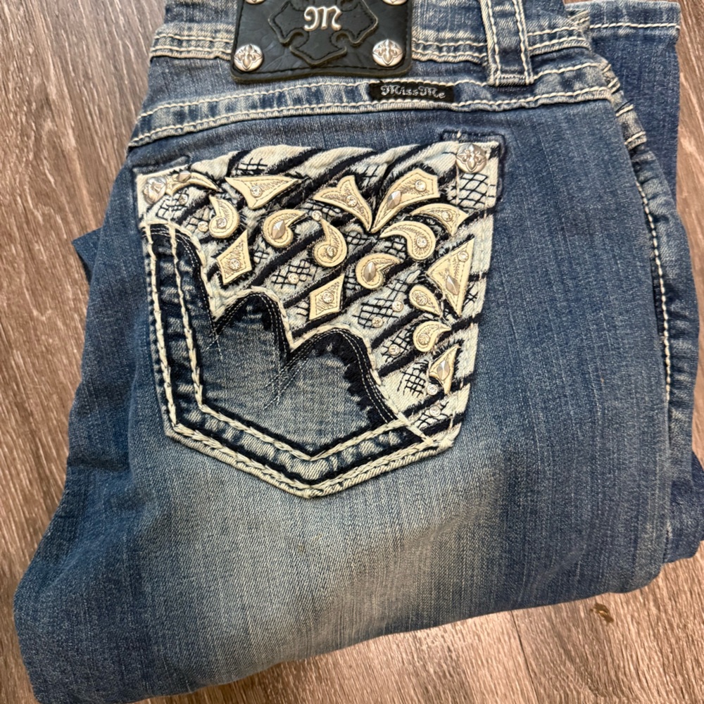 Miss Me Dark Blue Boot Cut Jeans with Embroidery